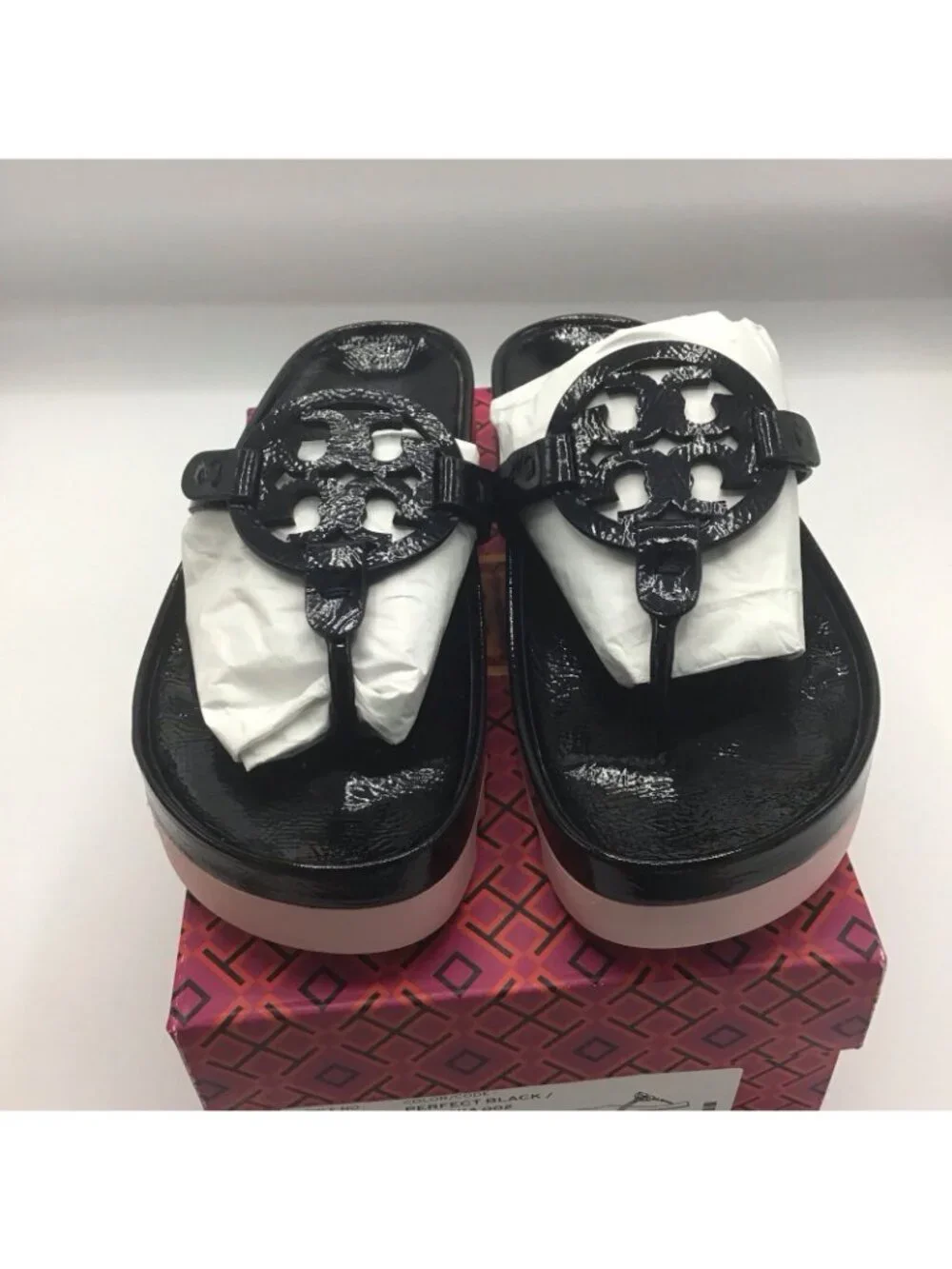 Tory Burch Miller Cloud Lug Black Pink Patent Leather Petunia Sandals Sz 8